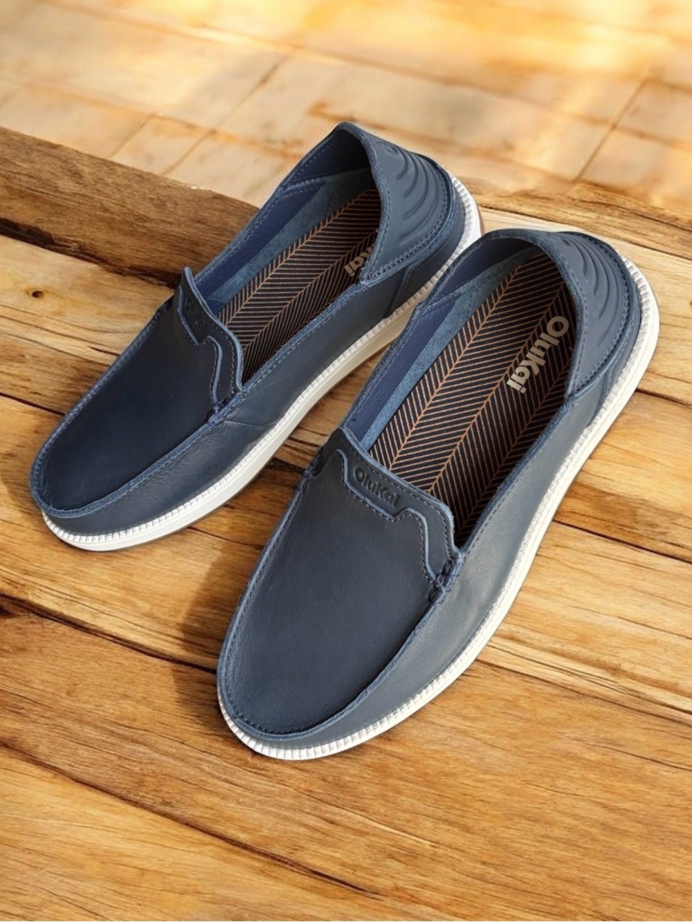 OluKai Kākaha Nia Men’s Navy Blue Leather Slip-On Shoes - Picture 16 of 16